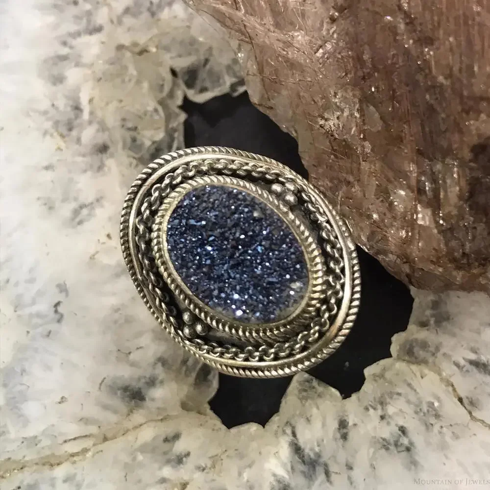 Carolyn Pollack Sterling Oval Druzy Quartz Decorated Ring Size 9.5 For Women